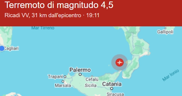 Forte scossa di terremoto di magnitudo 4.5 al largo di Messina